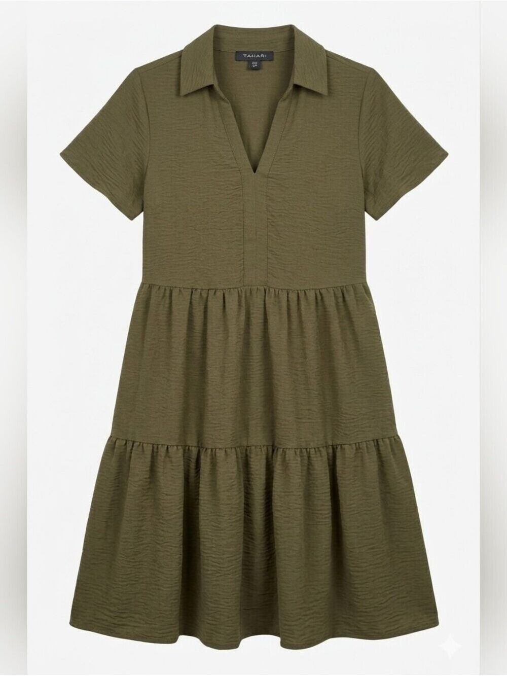 Tahari Olive Green Short Sleeve Tiered Ruffle Smock Dress, NWT, Small